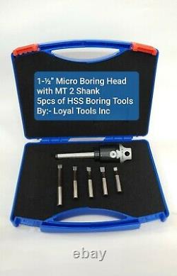 Micro Boring Head Kit 1.5 Inches Diameter MT 2 Shank with 5 pcs HSS Boring Bars